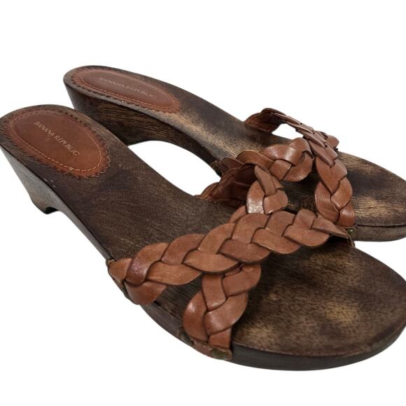 Vintage Wooden Heels Sandal Brown Banana Republic Braided Woven Leather Mule 8.5 - Picture 1 of 16